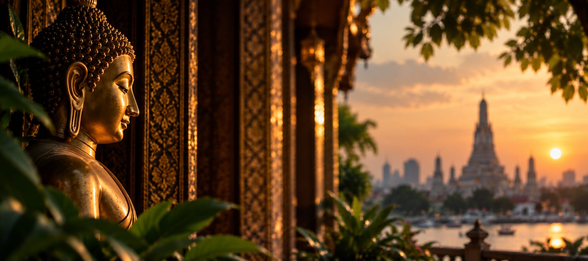 Golden Buddha with Wat Arun at sunset